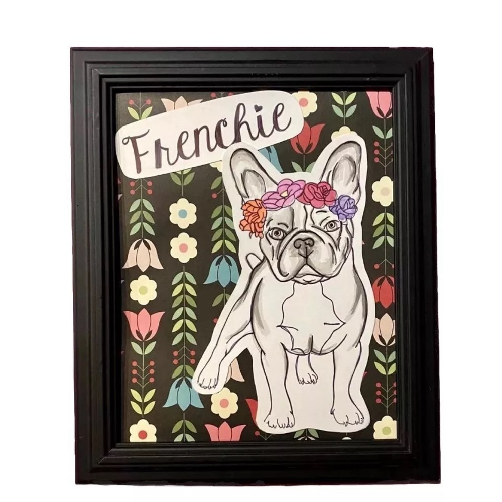 Frenchie Paper Collage Art, Colorful Floral French Bulldog Artwork Pet Portrait